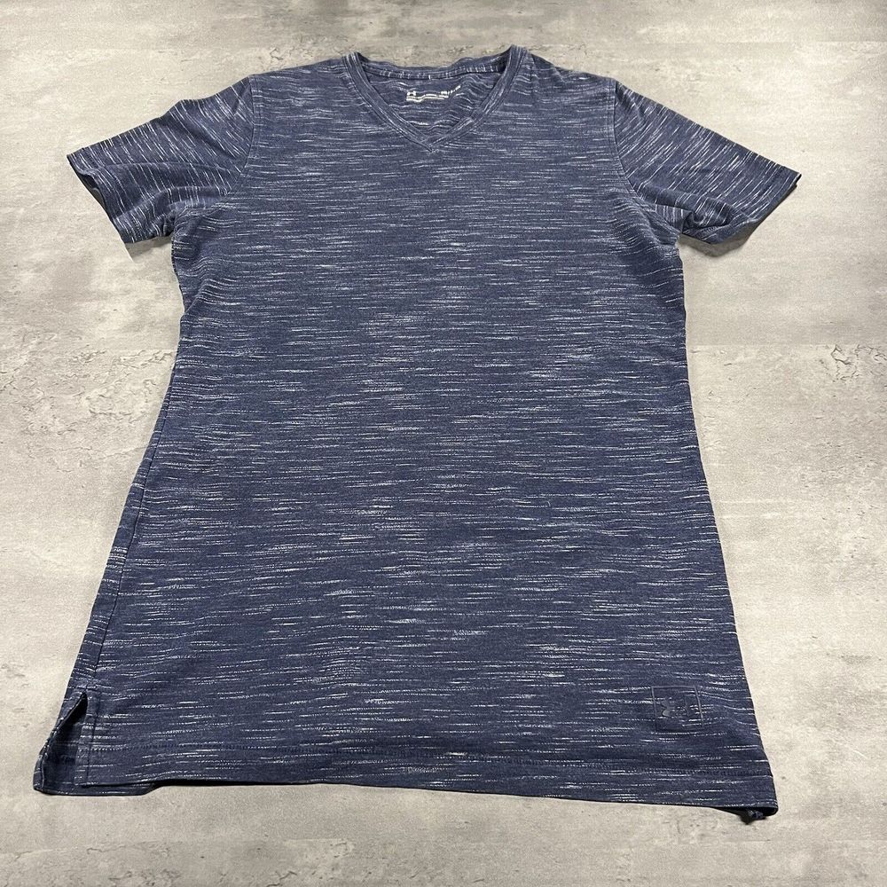 Under Armour Shirt Women Small Fitted Navy Blue GRay Striped‎ Running Gym V Neck